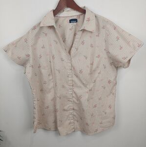 Basic Editions Beige Striped Pink Floral Women's Shirt, Size 1X